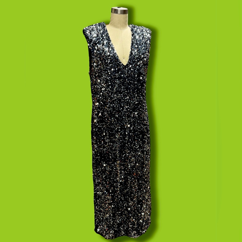 H&M sustainable collection rich silver sequin sheath dress shoulder pads V neck